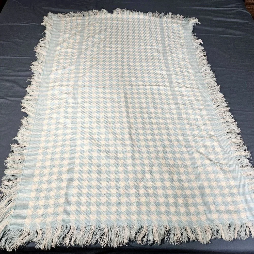 Vintage Knit Blanket Throw Baby Infant Blue White Boy Houndstooth Squares 48